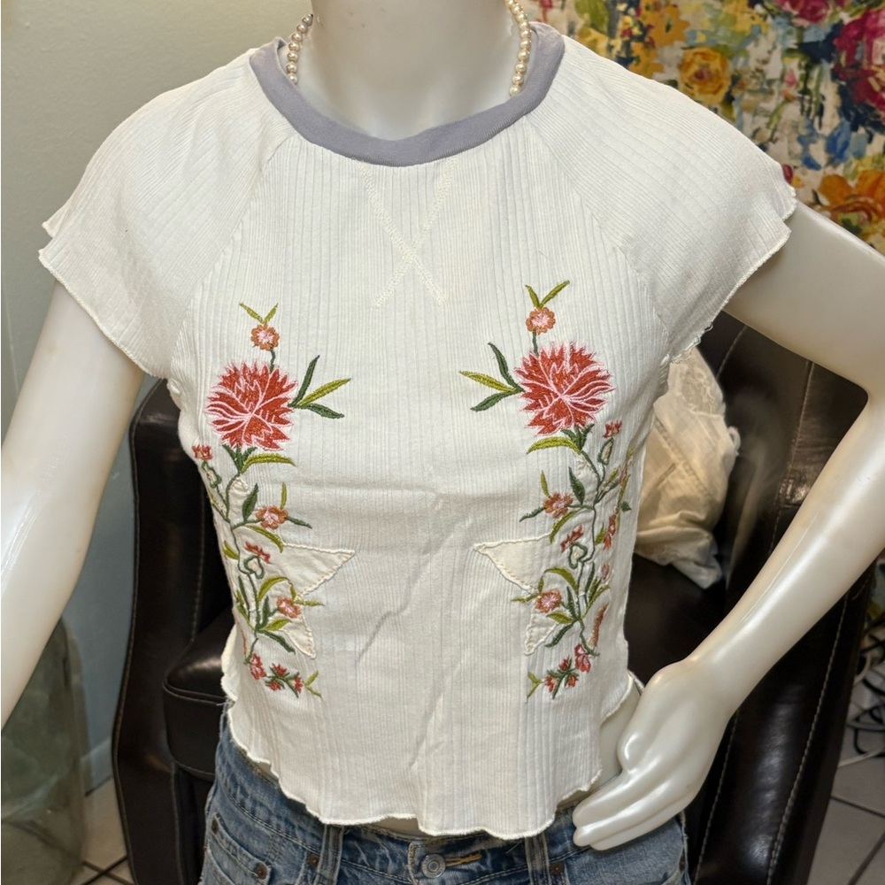 Free People White Pink Embellished Crop Top
